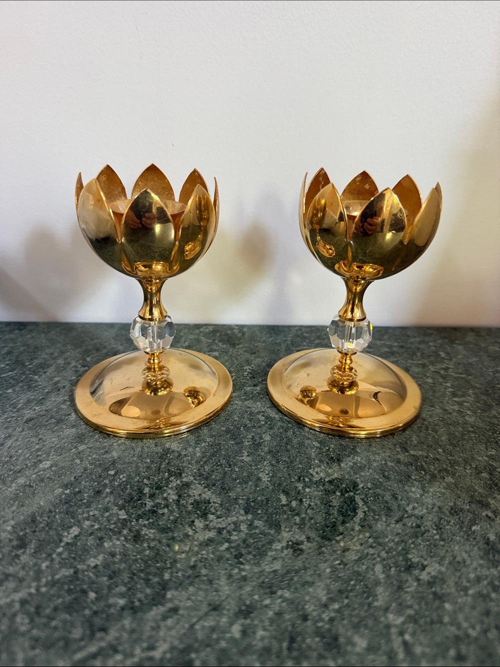 Brass and crystal glass candle holders Tulip Style Shape Set of 2